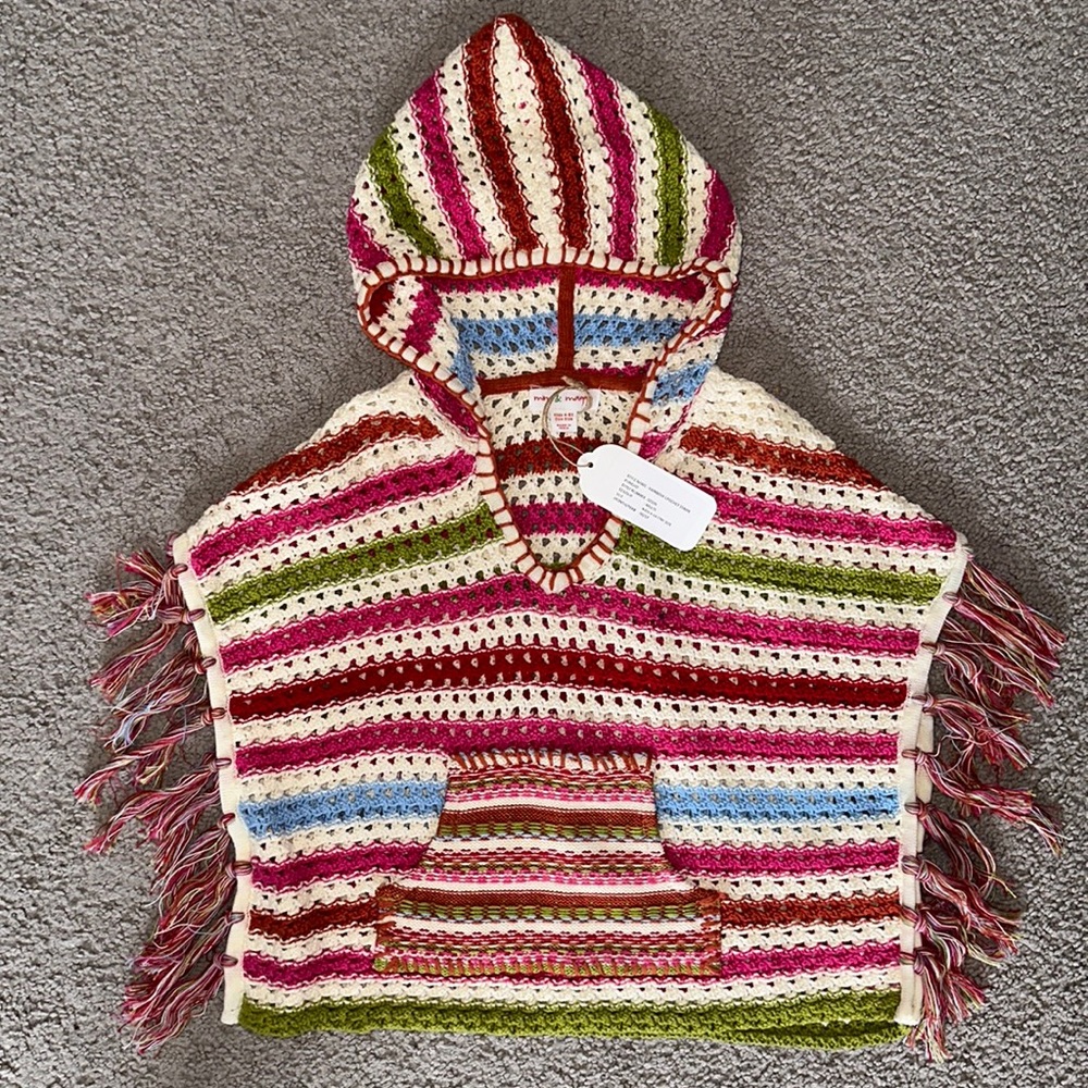 Mimi & Maggie brand new rainbow crochet stripe poncho, 4-6X
